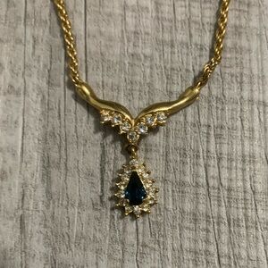 Vintage Roman Gold Tone Simulated Blue Sapphire Pendant Necklace
